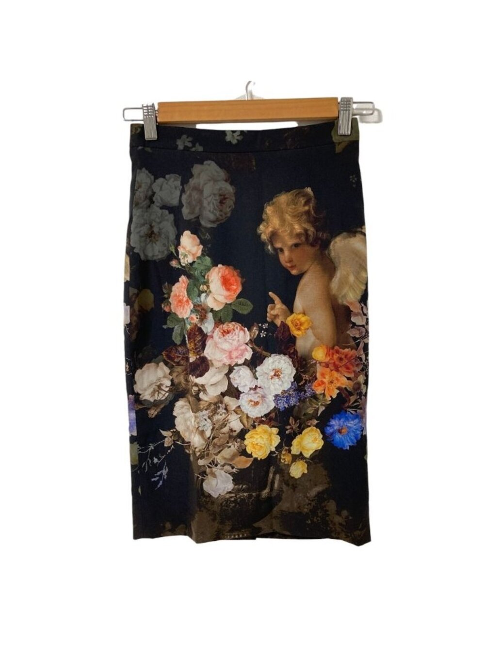 Dolce & Gabbana Flower Angel Print Silk Skirt Black 36